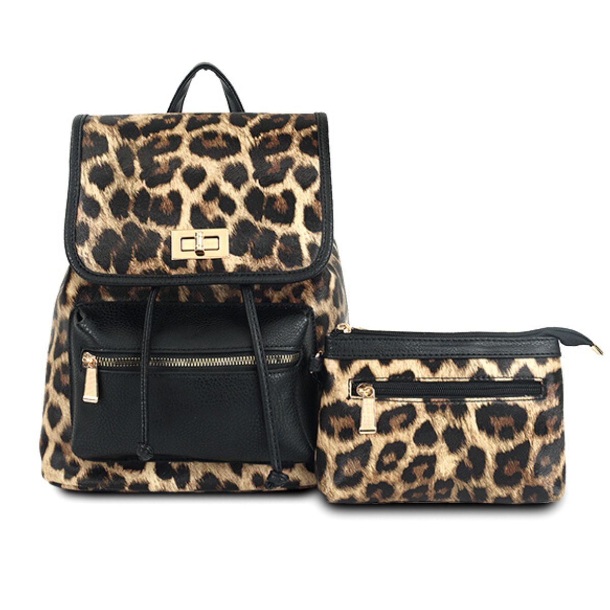 Backpack Leopard and Black Flap Bag Set for Women - MillenniaWorld.com